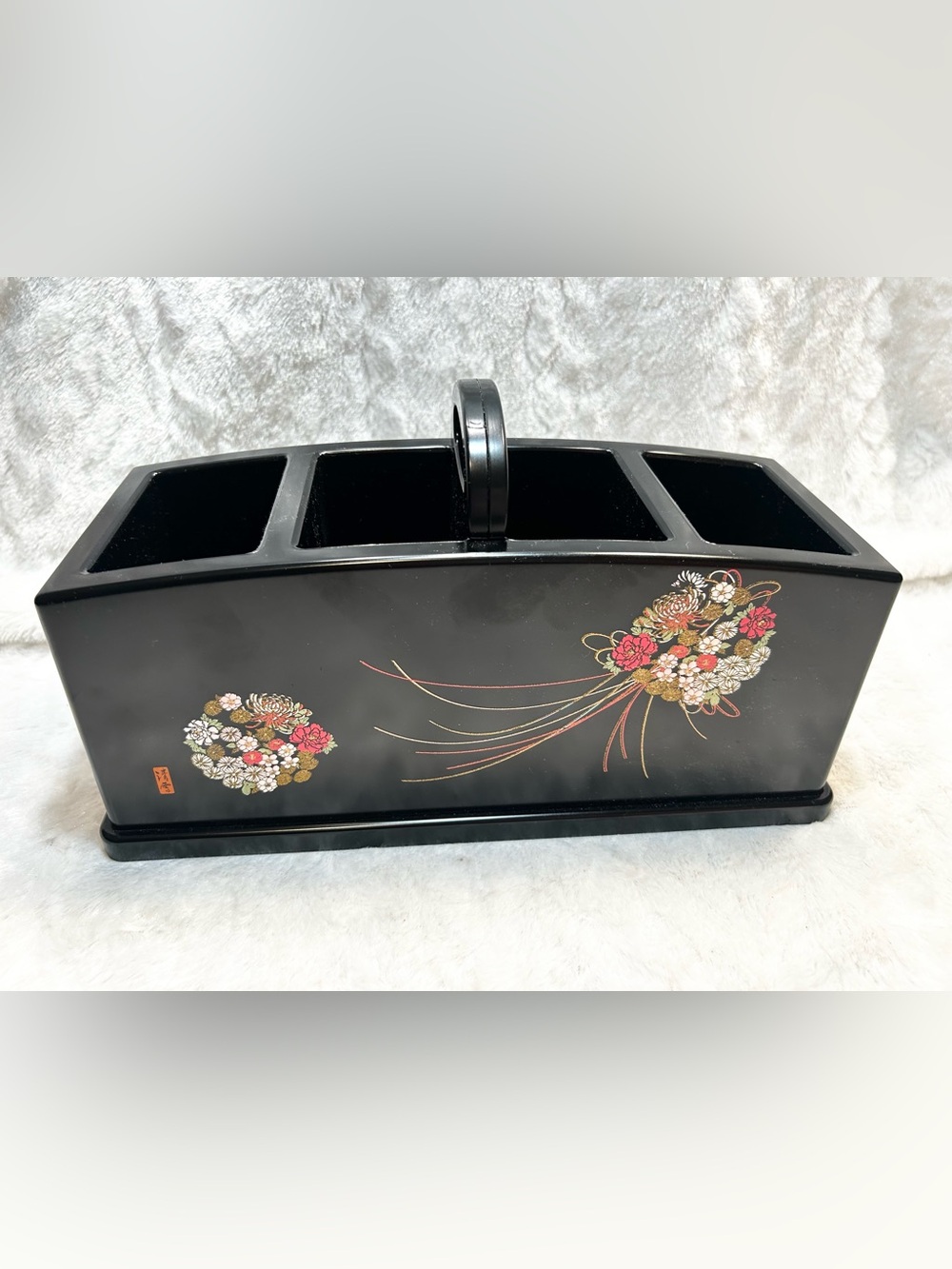 Japanese Black Lacquer Remote Control Holder Caddy Desktop Paperwork Organizer